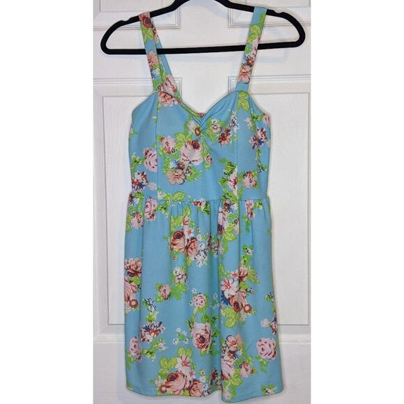 No Boundaries Spring Blue Pink Floral Roses Padded Juniors Strap Dress L 11-13 - Picture 1 of 16